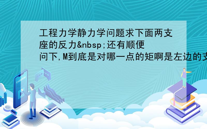 工程力学静力学问题求下面两支座的反力 还有顺便问下,M到底是对哪一点的矩啊是左边的支架还是右边的支架?这道题要