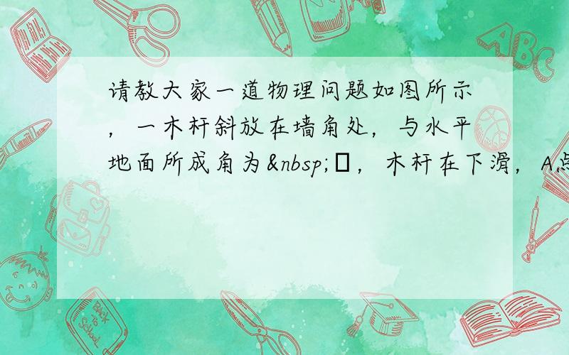 请教大家一道物理问题如图所示，一木杆斜放在墙角处，与水平地面所成角为 θ，木杆在下滑，A点速度V2，B点速度V