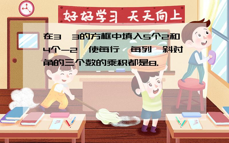 在3*3的方框中填入5个2和4个-2,使每行、每列、斜对角的三个数的乘积都是8.