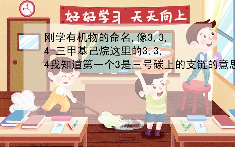 刚学有机物的命名,像3,3,4-三甲基己烷这里的3,3,4我知道第一个3是三号碳上的支链的意思,