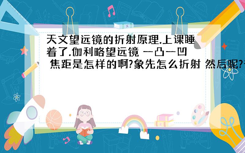 天文望远镜的折射原理.上课睡着了.伽利略望远镜 一凸一凹 焦距是怎样的啊?象先怎么折射 然后呢?普勒望远镜 显微镜目镜和