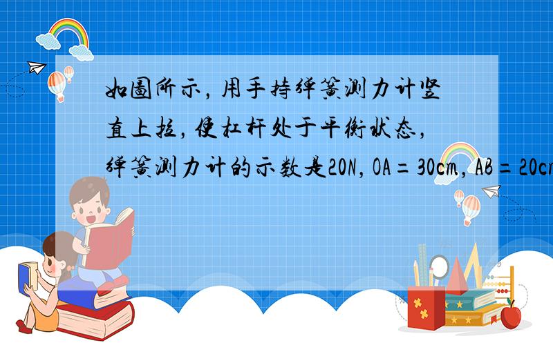 如图所示，用手持弹簧测力计竖直上拉，使杠杆处于平衡状态，弹簧测力计的示数是20N，OA=30cm，AB=20cm，则物体