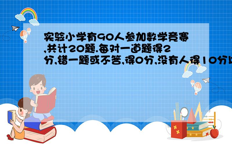 实验小学有90人参加数学竞赛,共计20题.每对一道题得2分,错一题或不答,得0分,没有人得10分以下,也没有人得40分,