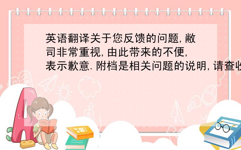 英语翻译关于您反馈的问题,敝司非常重视,由此带来的不便,表示歉意.附档是相关问题的说明,请查收,