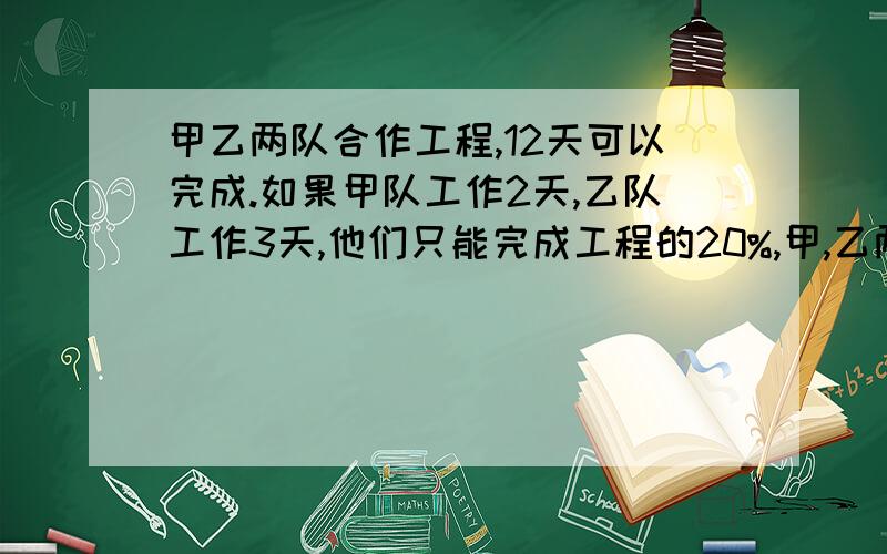 甲乙两队合作工程,12天可以完成.如果甲队工作2天,乙队工作3天,他们只能完成工程的20%,甲,乙两队单独完成这项工程各