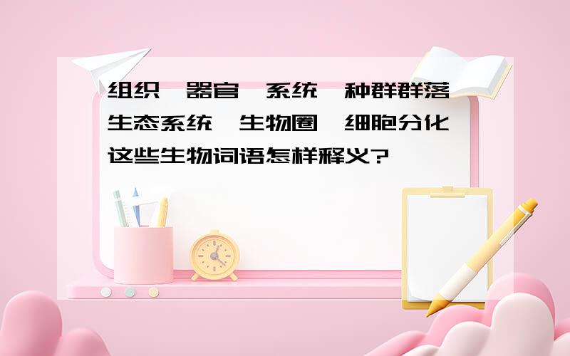 组织、器官、系统、种群群落、生态系统、生物圈、细胞分化 这些生物词语怎样释义?