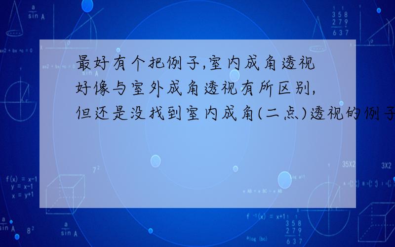 最好有个把例子,室内成角透视好像与室外成角透视有所区别,但还是没找到室内成角(二点)透视的例子,我看室内二点透视好有立体