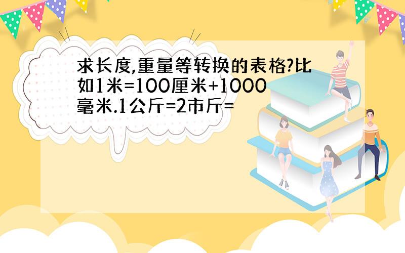 求长度,重量等转换的表格?比如1米=100厘米+1000毫米.1公斤=2市斤=