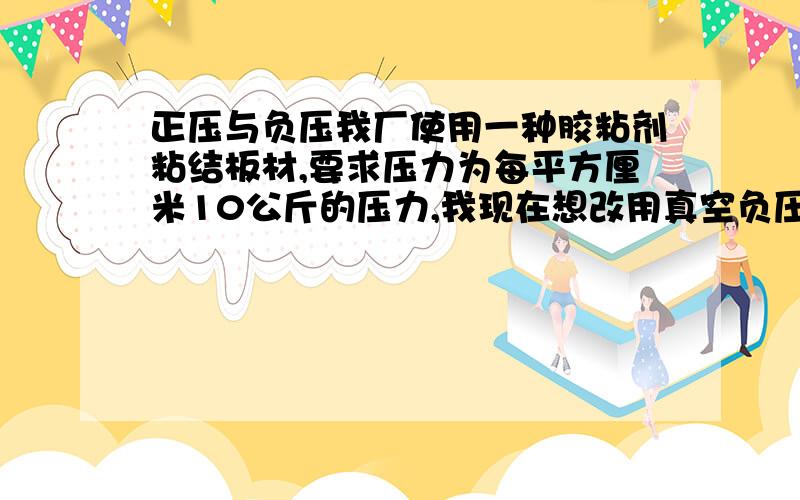 正压与负压我厂使用一种胶粘剂粘结板材,要求压力为每平方厘米10公斤的压力,我现在想改用真空负压来压板,请问需要的真空泵的