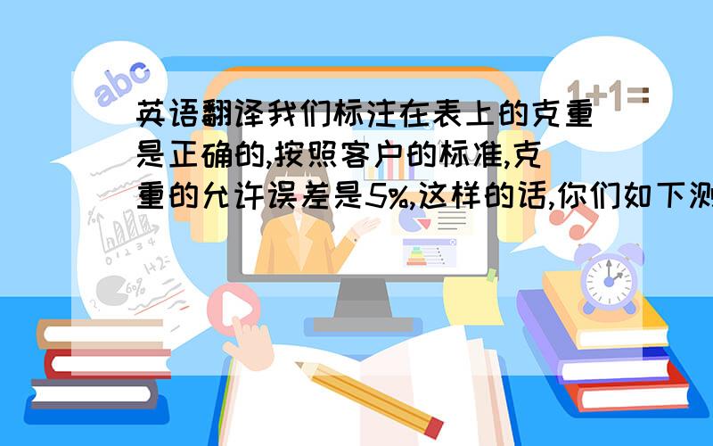 英语翻译我们标注在表上的克重是正确的,按照客户的标准,克重的允许误差是5%,这样的话,你们如下测出的克重是在允许范围之内