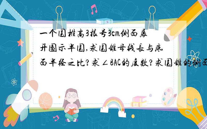 一个圆椎高3根号3cm侧面展开图示半圆,求圆锥母线长与底面半径之比?求∠BAC的度数?求圆锥的侧面积?快