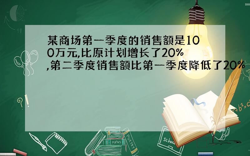 某商场第一季度的销售额是100万元,比原计划增长了20%,第二季度销售额比第一季度降低了20%