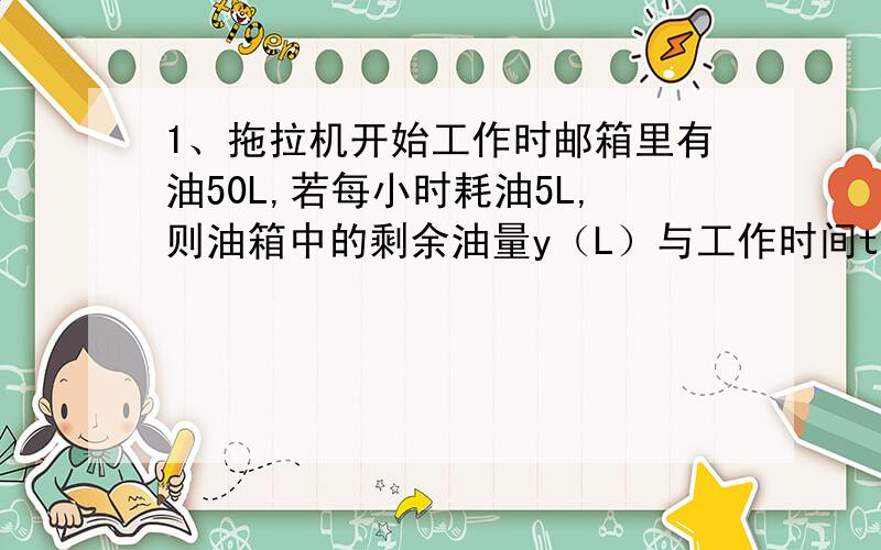 1、拖拉机开始工作时邮箱里有油50L,若每小时耗油5L,则油箱中的剩余油量y（L）与工作时间t（h）之间的