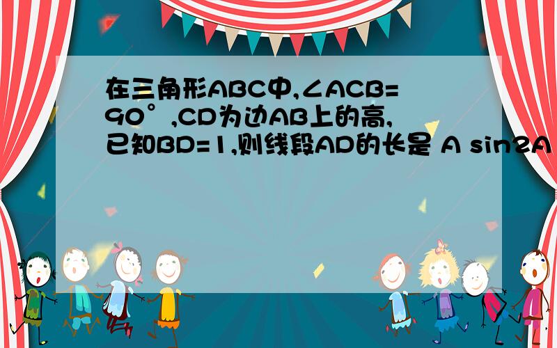 在三角形ABC中,∠ACB=90°,CD为边AB上的高,已知BD=1,则线段AD的长是 A sin2A B COS2A