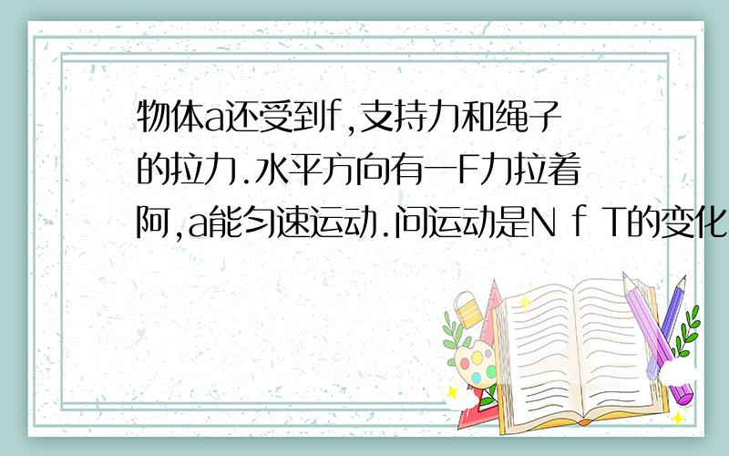 物体a还受到f,支持力和绳子的拉力.水平方向有一F力拉着阿,a能匀速运动.问运动是N f T的变化