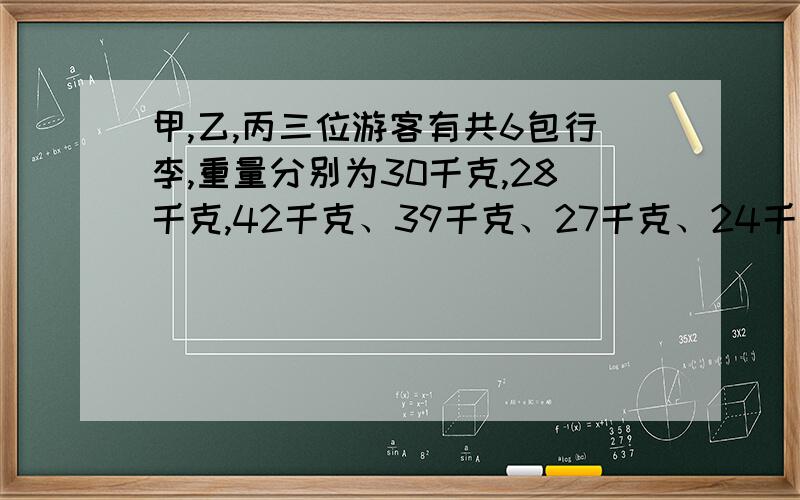 甲,乙,丙三位游客有共6包行李,重量分别为30千克,28千克,42千克、39千克、27千克、24千克,其中包括甲有3