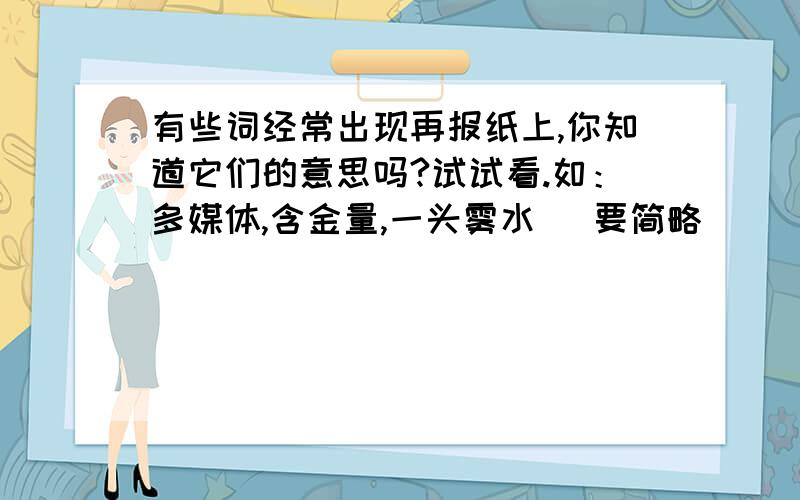 有些词经常出现再报纸上,你知道它们的意思吗?试试看.如：多媒体,含金量,一头雾水 （要简略）