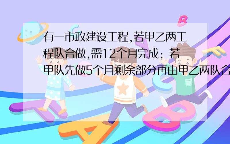 有一市政建设工程,若甲乙两工程队合做,需12个月完成；若甲队先做5个月剩余部分再由甲乙两队合做,还需9个月才能完成.（1