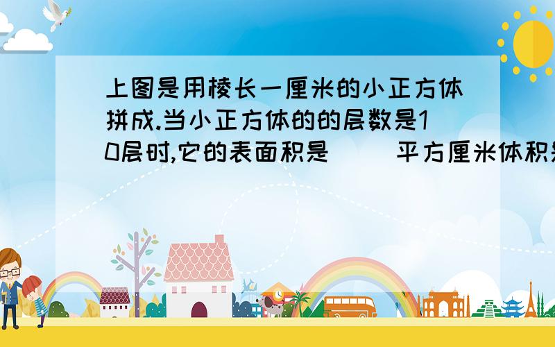 上图是用棱长一厘米的小正方体拼成.当小正方体的的层数是10层时,它的表面积是（ ）平方厘米体积是（）立