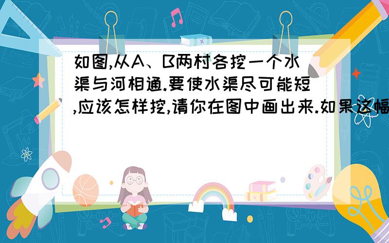 如图,从A、B两村各挖一个水渠与河相通.要使水渠尽可能短,应该怎样挖,请你在图中画出来.如果这幅画的