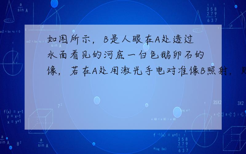 如图所示，B是人眼在A处透过水面看见的河底一白色鹅卵石的像，若在A处用激光手电对准像B照射，则下面说法正确的是（　　）