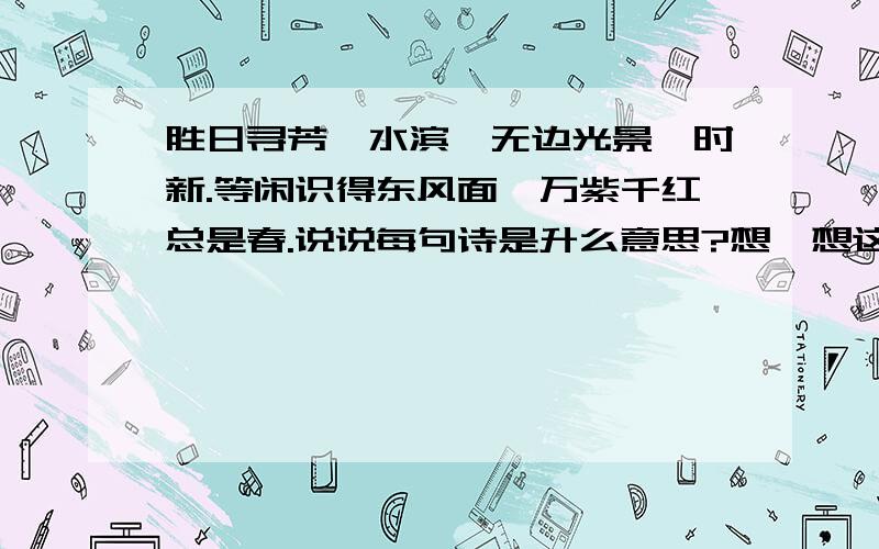 胜日寻芳泗水滨,无边光景一时新.等闲识得东风面,万紫千红总是春.说说每句诗是升么意思?想一想这首诗描绘了怎样的画面,写下