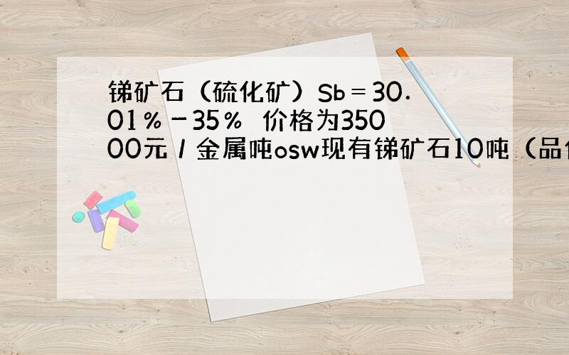 锑矿石（硫化矿）Sb＝30．01％－35％　价格为35000元／金属吨osw现有锑矿石10吨（品位为32．．．