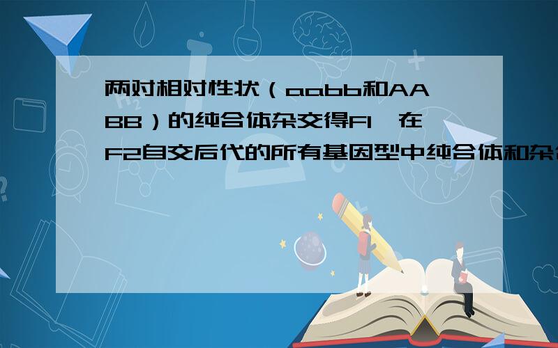 两对相对性状（aabb和AABB）的纯合体杂交得F1,在F2自交后代的所有基因型中纯合体和杂合体的比例是