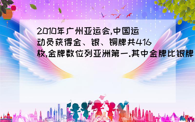 2010年广州亚运会,中国运动员获得金、银、铜牌共416枚,金牌数位列亚洲第一.其中金牌比银牌多80枚.