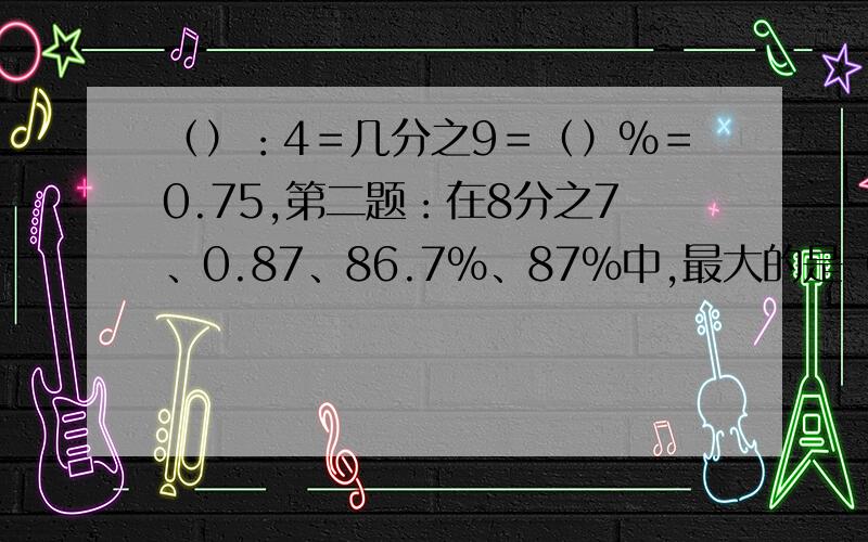 （）：4＝几分之9＝（）％＝0.75,第二题：在8分之7、0.87、86.7%、87%中,最大的是（）,最小的是（）