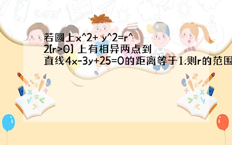 若圆上x^2+ y^2=r^2[r>0] 上有相异两点到直线4x-3y+25=0的距离等于1.则r的范围是