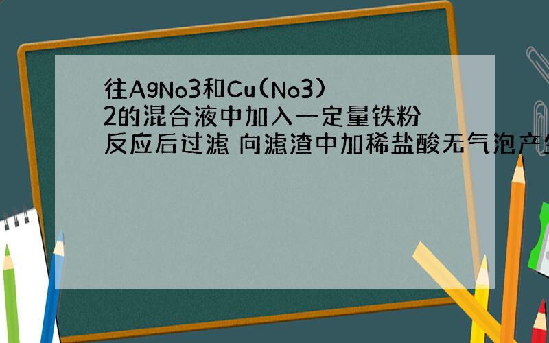 往AgNo3和Cu(No3)2的混合液中加入一定量铁粉 反应后过滤 向滤渣中加稀盐酸无气泡产生 下列结论正确的是