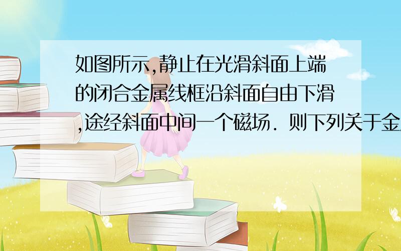 如图所示,静止在光滑斜面上端的闭合金属线框沿斜面自由下滑,途经斜面中间一个磁场．则下列关于金属线框在斜面上的运动时,速度