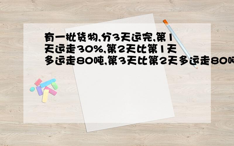 有一批货物,分3天运完,第1天运走30%,第2天比第1天多运走80吨,第3天比第2天多运走80吨.共有多少吨?