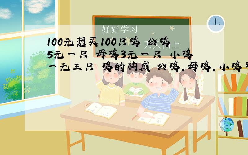 100元想买100只鸡 公鸡5元一只 母鸡3元一只 小鸡一元三只 鸡的构成 公鸡,母鸡,小鸡可买多少 C语言编程