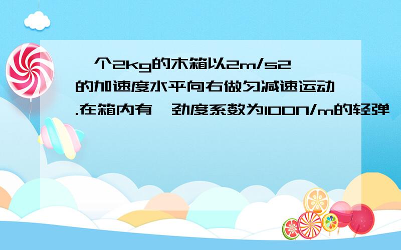 一个2kg的木箱以2m/s2的加速度水平向右做匀减速运动.在箱内有一劲度系数为100N/m的轻弹簧，一端被固定在箱子的右