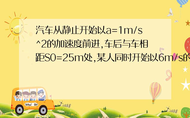 汽车从静止开始以a=1m/s^2的加速度前进,车后与车相距S0=25m处,某人同时开始以6m/s的屈服匀速追车.