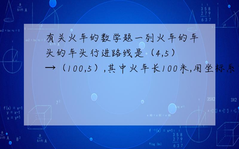 有关火车的数学题一列火车的车头的车头行进路线是（4,5）→（100,5）,其中火车长100米,用坐标系中的一个单位长度表