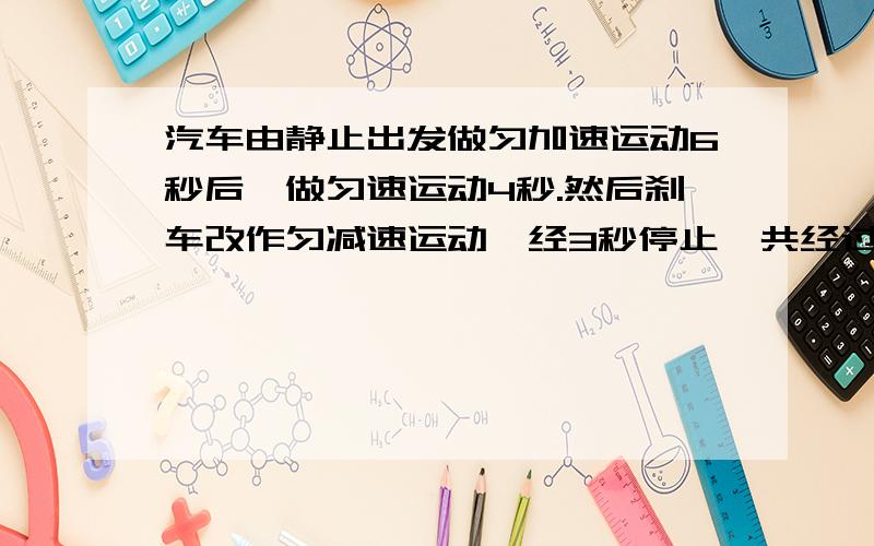 汽车由静止出发做匀加速运动6秒后,做匀速运动4秒.然后刹车改作匀减速运动,经3秒停止,共经过153米