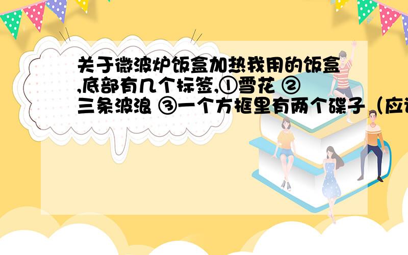 关于微波炉饭盒加热我用的饭盒,底部有几个标签,①雪花 ②三条波浪 ③一个方框里有两个碟子（应该是洗碗机吧） ④一叉子和一