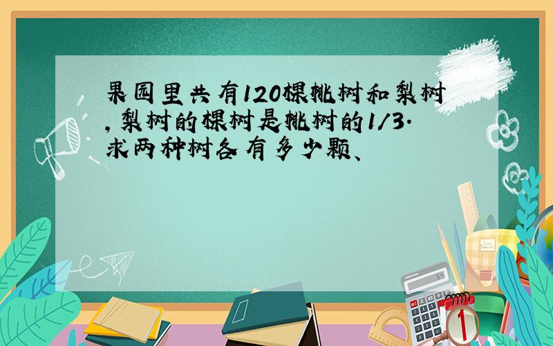 果园里共有120棵桃树和梨树,梨树的棵树是桃树的1/3.求两种树各有多少颗、