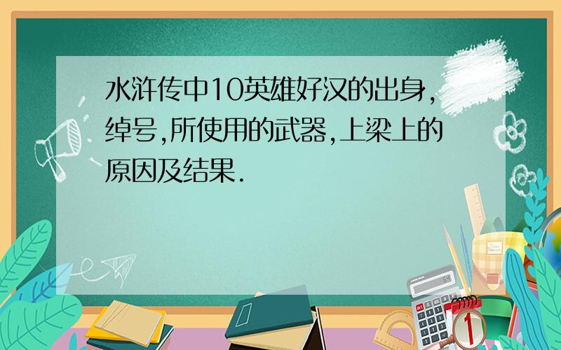 水浒传中10英雄好汉的出身,绰号,所使用的武器,上梁上的原因及结果.