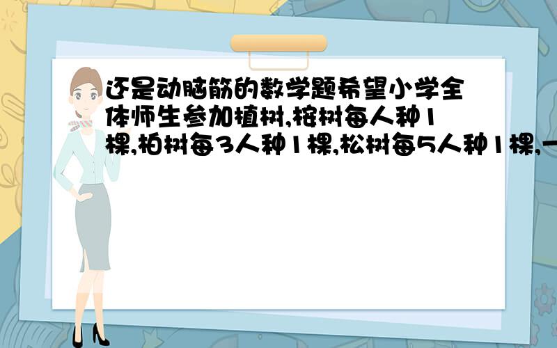 还是动脑筋的数学题希望小学全体师生参加植树,桉树每人种1棵,柏树每3人种1棵,松树每5人种1棵,一共种了253棵.师生总