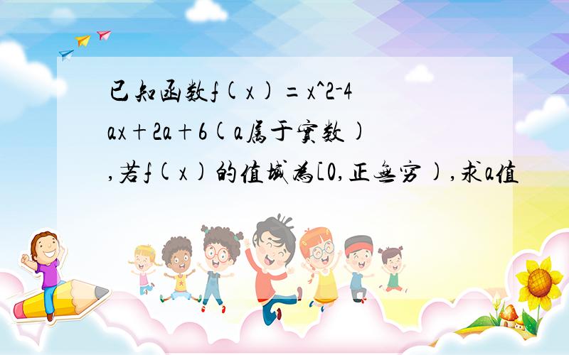 已知函数f(x)=x^2-4ax+2a+6(a属于实数),若f(x)的值域为[0,正无穷),求a值