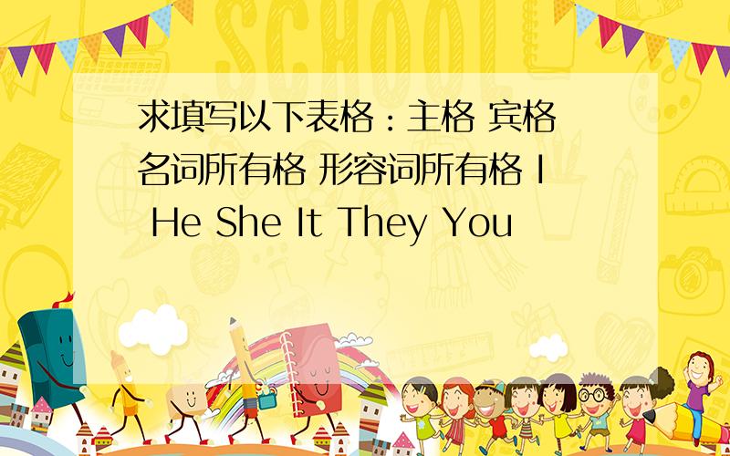 求填写以下表格：主格 宾格 名词所有格 形容词所有格 I He She It They You