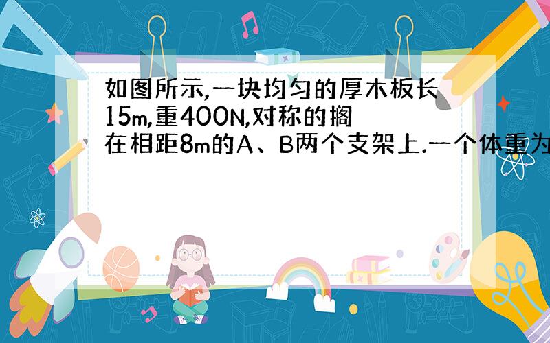 如图所示,一块均匀的厚木板长15m,重400N,对称的搁在相距8m的A、B两个支架上.一个体重为500N的人,从A点出发