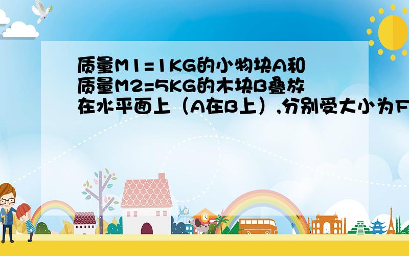 质量M1=1KG的小物块A和质量M2=5KG的木块B叠放在水平面上（A在B上）,分别受大小为F1=2N和F2=4N的水平