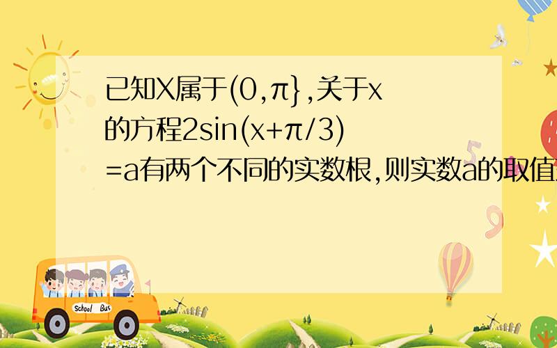 已知X属于(0,π},关于x的方程2sin(x+π/3)=a有两个不同的实数根,则实数a的取值范围