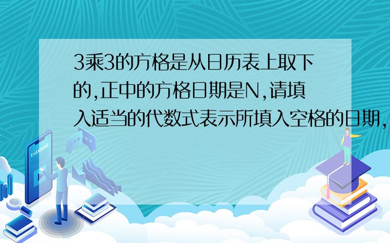 3乘3的方格是从日历表上取下的,正中的方格日期是N,请填入适当的代数式表示所填入空格的日期,