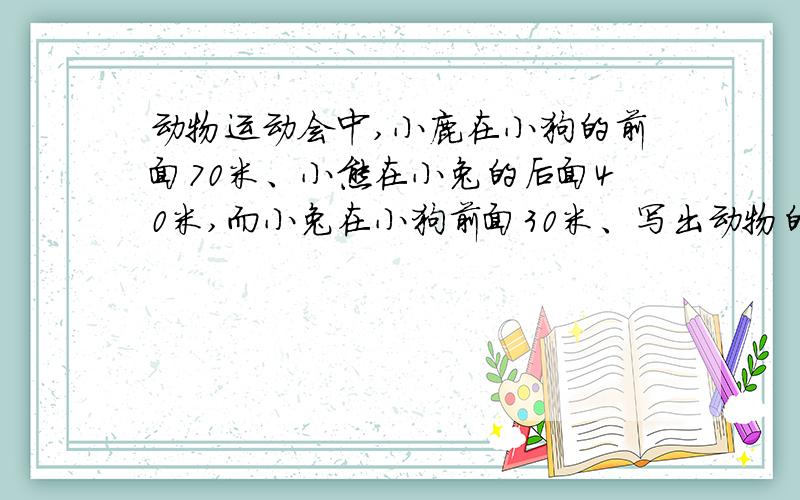 动物运动会中,小鹿在小狗的前面70米、小熊在小兔的后面40米,而小兔在小狗前面30米、写出动物的名次,第一名和最后一名之
